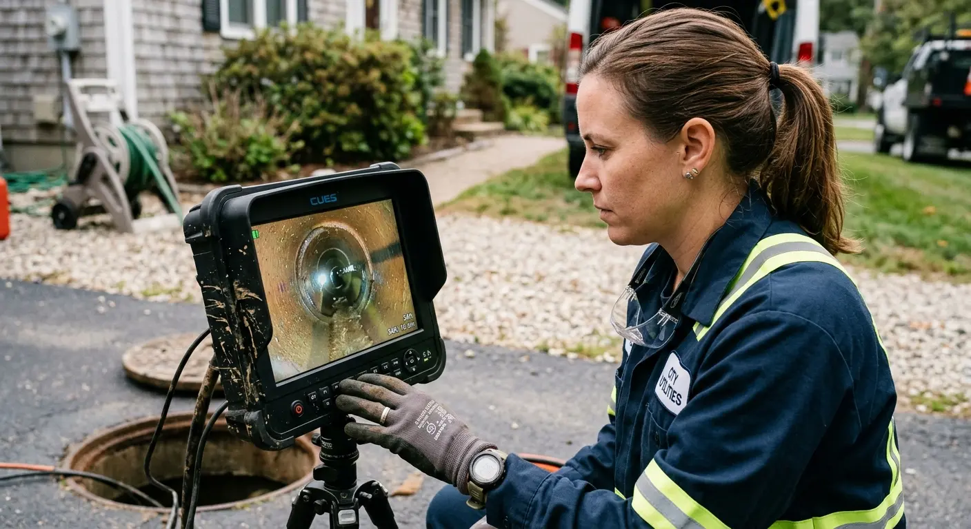 Technician reviewing sewer camera inspection footage in Gladstone