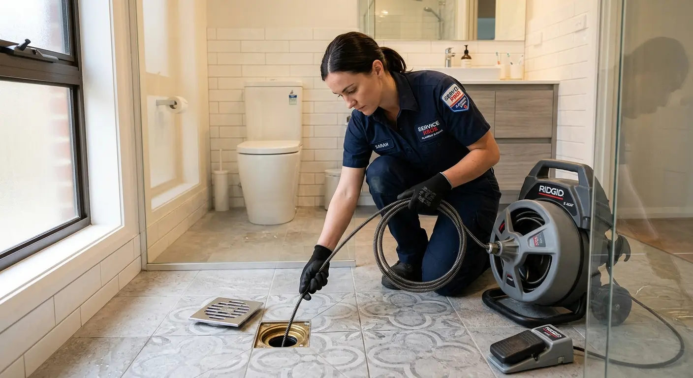 Technician clearing a bathroom floor drain for Clogged Drain Repair in Gladstone